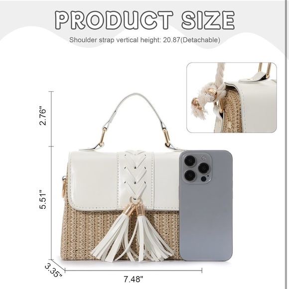 Chic White and Tan Straw Shoulder Bags Crossbody Clutch Bag Tassel Handbag - Picture 7 of 7